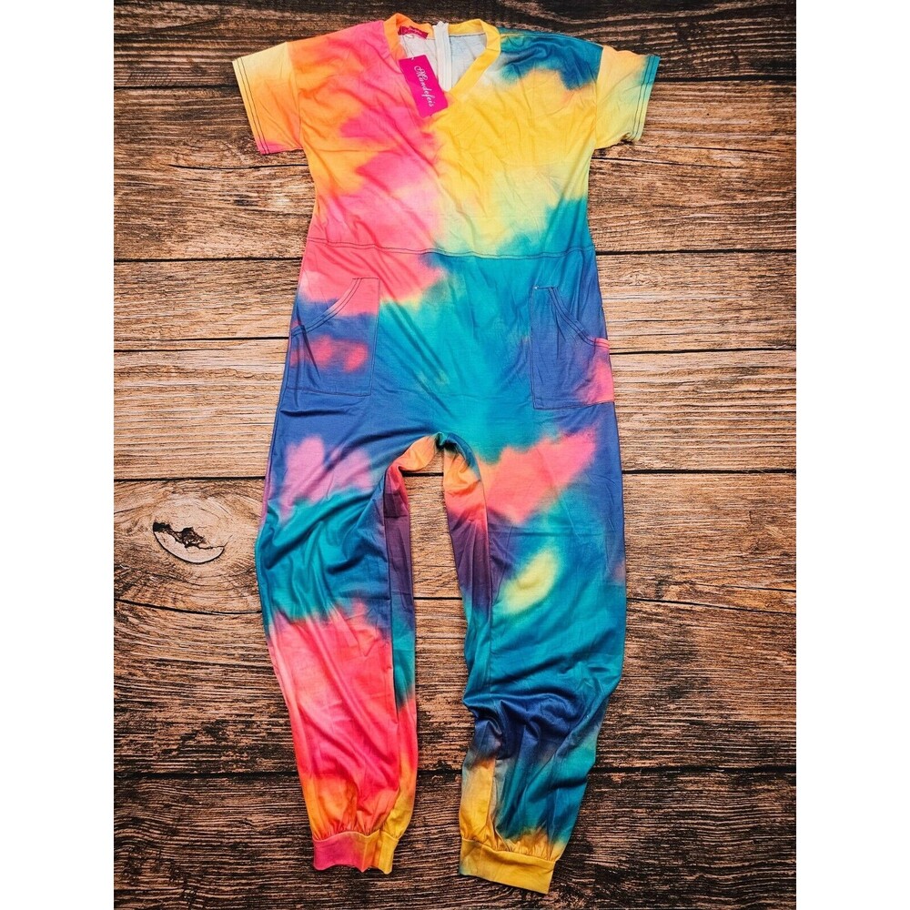 NWT Womens L Colorful Comfy Jumpsuit Overall V-Neck Short Slv Long Pants Pockets